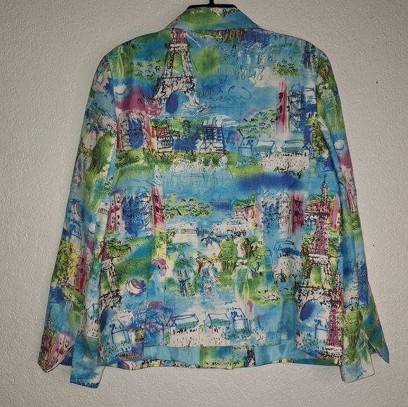 Coldwater Creek Artsy Paris Eiffel Tower Linen Blend Button Up Jacket Wmn's Sz S - Picture 2 of 10